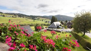 A rural landscape with houses, a road, and a solar panel.