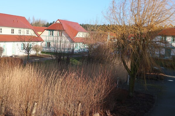 A row of traditional buildings with red roofs, surrounded by dry grass and leafless trees.