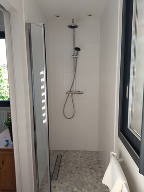 Shower, hair dryer, towels