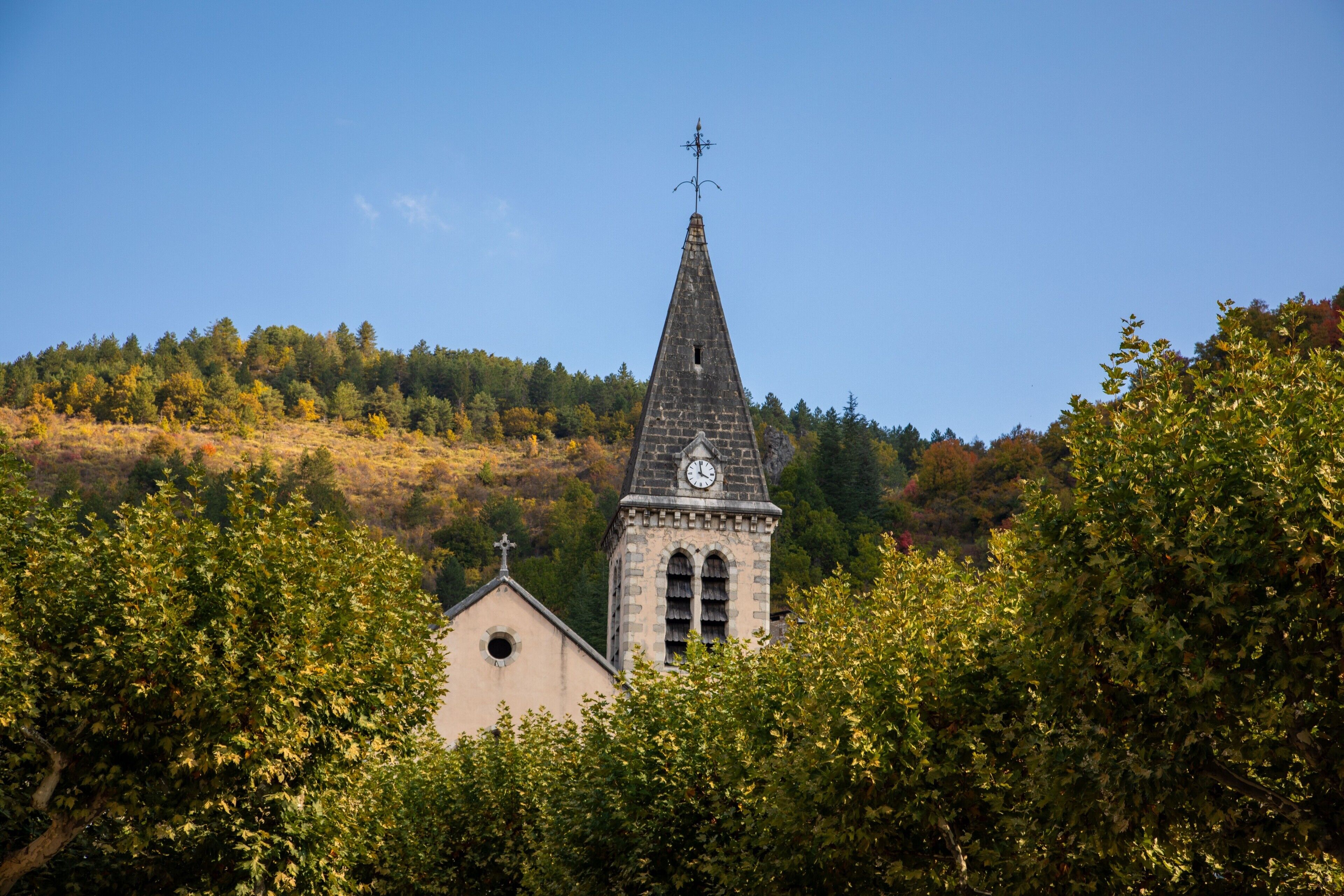 A church with a clock tower, surrounded by trees.