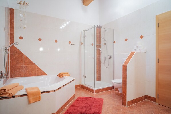 Un baño moderno con ducha de vidrio, una bañera blanca y un inodoro.
