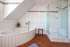 Chuveiro, secador de cabelo, toalhas de banho 