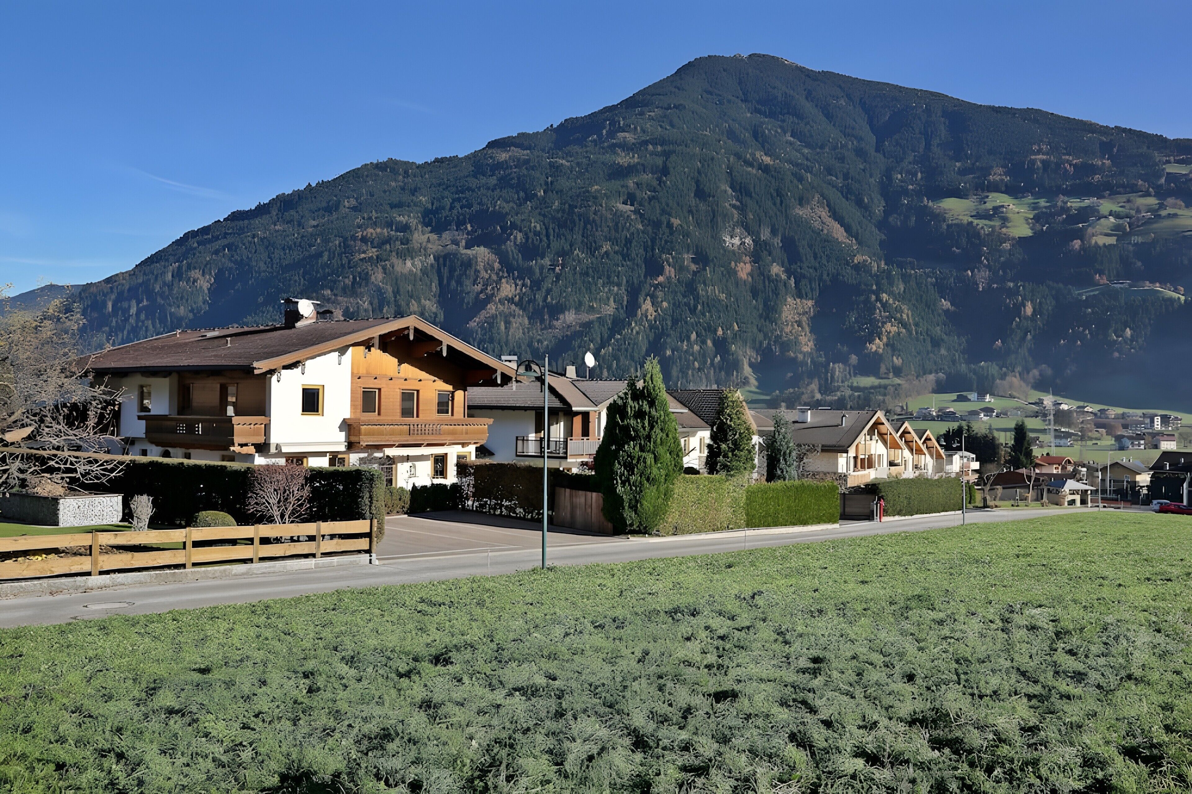 A residential area with houses, a road, and a mountain in the background.