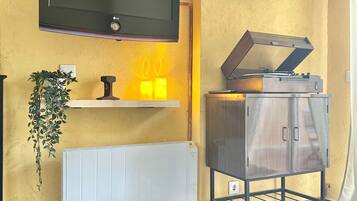 A room with a mounted TV, a radiator, a shelf with candles, a plant, and a record player.