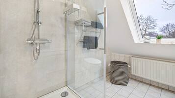 Shower, hair dryer, towels