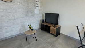 Une pièce avec un mur en briques, un meuble pour la télévision sur lequel est posé un téléviseur à écran plat, une petite table ronde avec une plante et une chaise.