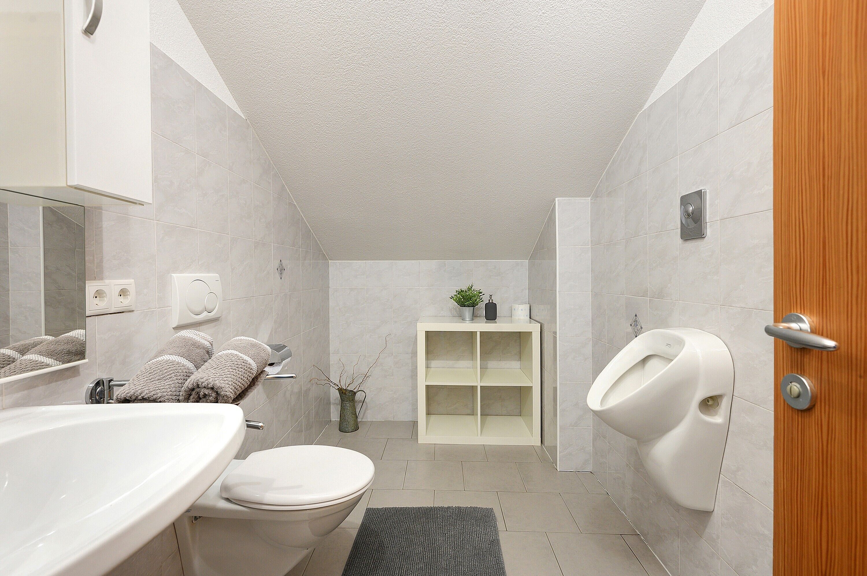 Une salle de bain équipée d’un lavabo, de toilettes et d’un urinoir.