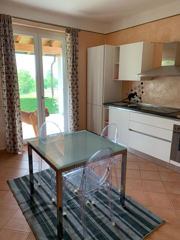 A modern kitchen with a glass dining table, clear chairs, and a view of a dog outside.
