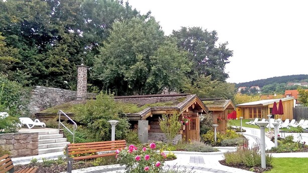 Un jardin avec un chalet en bois, une piscine et des chaises longues.