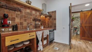 Una cocina compacta con horno integrado, cafetera y lavamanos.
