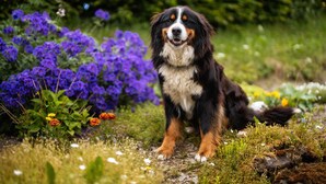 A dog in a natural setting with flowers and greenery. - Apartment 'Pusteblume' with shared terrace and Wi-Fi (Schmallenberg)