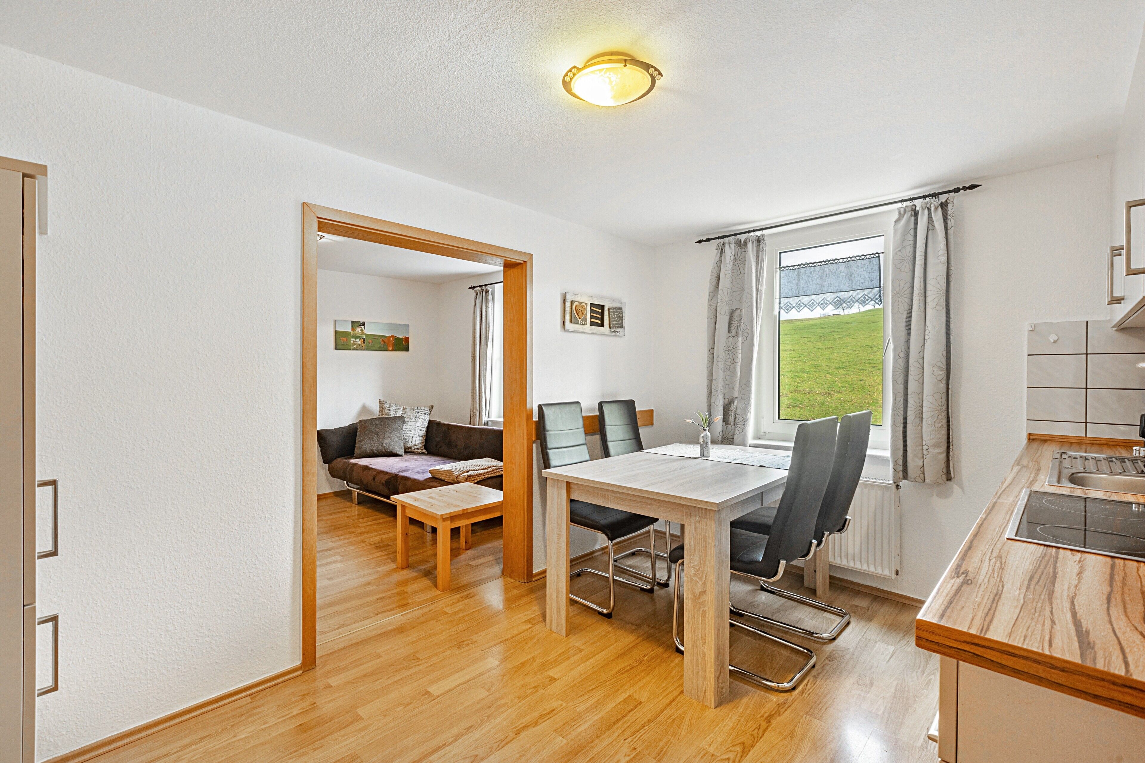 A room with a wooden floor, a dining table with chairs, a sofa, a window with curtains, and a kitchen area.
