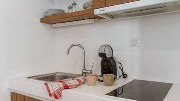 Fridge, coffee/tea maker, cookware/dishes/utensils, spices