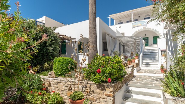 Un bâtiment blanc avec un escalier en pierre menant à une porte verte, entouré de plantes en pot et de verdure.
