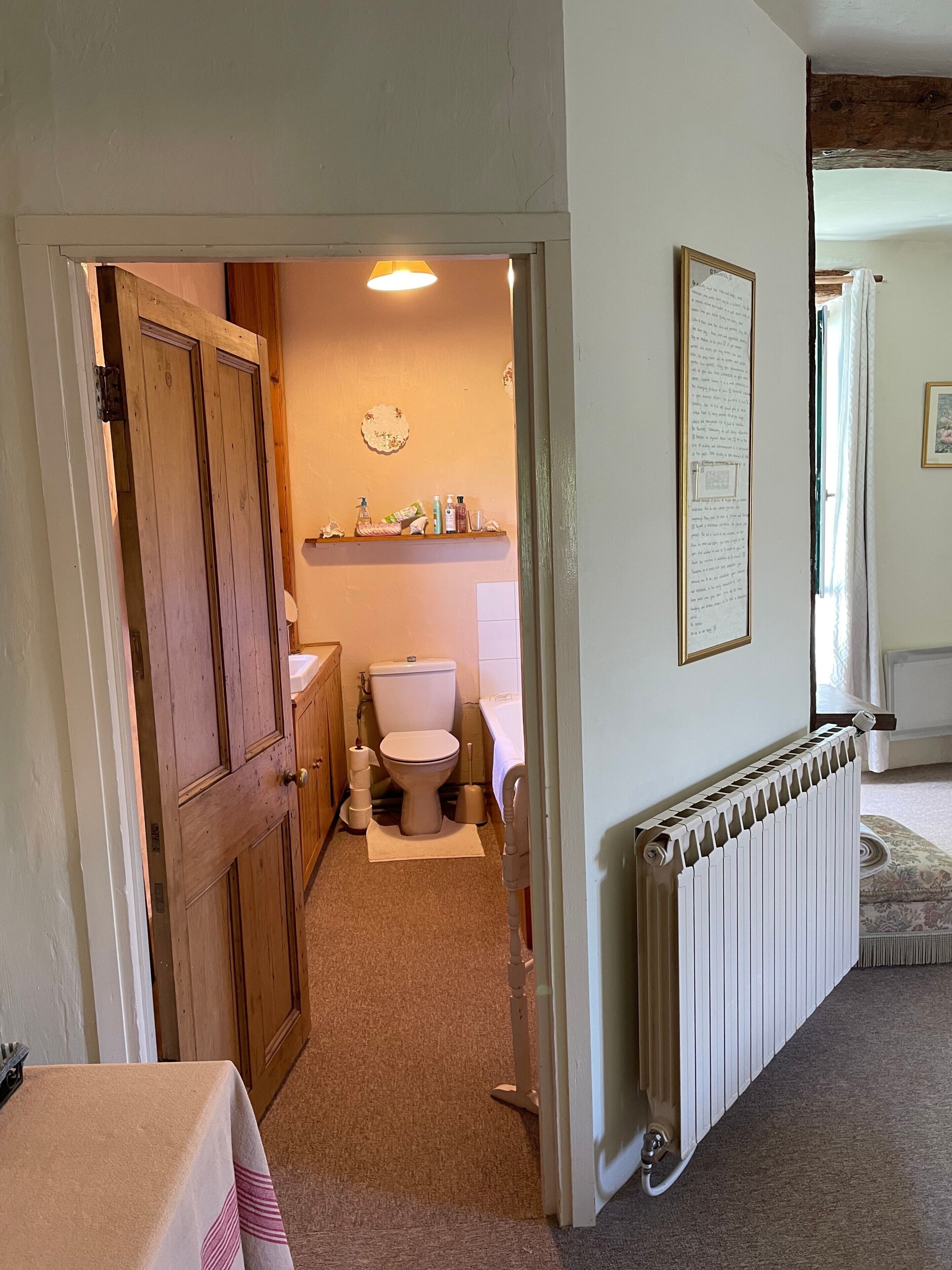 Un couloir étroit menant à une salle de bain équipée de toilettes, d’un lavabo et d’un radiateur.