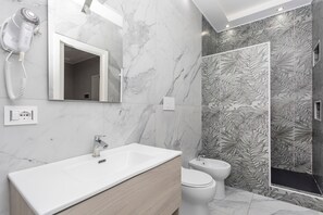 Shower, hair dryer, towels