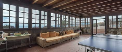 Télévision, cheminée, table de tennis de table