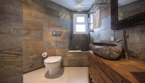 Hair dryer, towels, soap, toilet paper