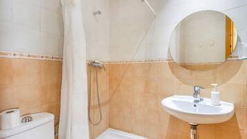 Une salle de bain équipée d’une douche, de toilettes, d’un lavabo et d’un miroir.