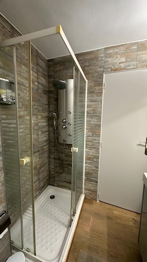 Shower, hair dryer, towels, toilet paper