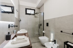 Shower, hair dryer, towels