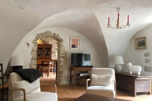 Una televisión, una chimenea, un reproductor de DVD