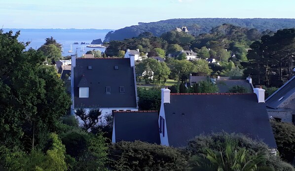 Ein Wohngebiet mit Häusern, Bäumen und Blick auf das Meer.