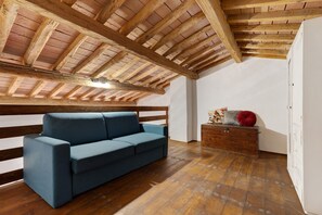 Une chambre à coucher de style loft avec un plafond en bois, un canapé bleu, une commode en bois et une armoire blanche.