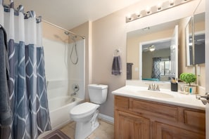 Hair dryer, towels, soap, toilet paper