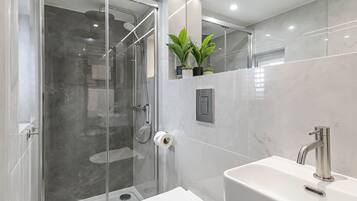 Shower, hair dryer, towels, soap