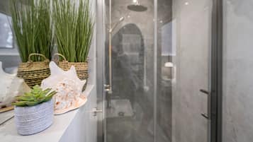 Douche, sèche-cheveux, serviettes fournies, savon