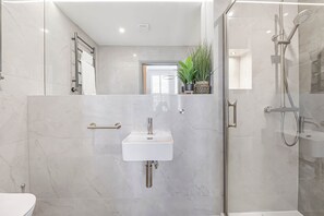 Shower, hair dryer, towels, soap