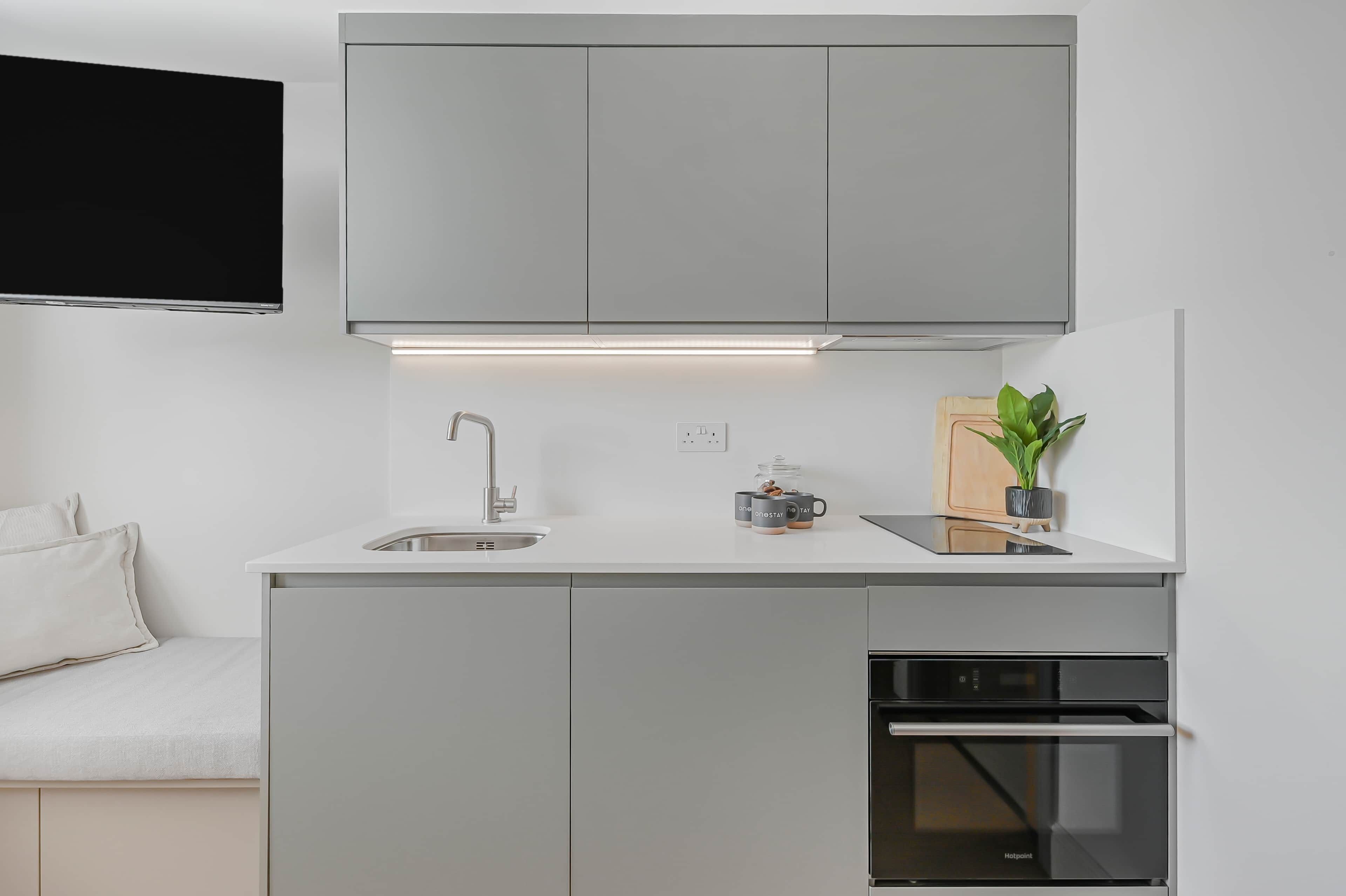 Frigorífico, microondas, horno y placa de cocina