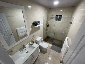 Dusche, Haartrockner, Handtücher, Seife