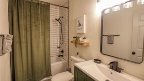 Shower, jetted tub, hair dryer, bidet