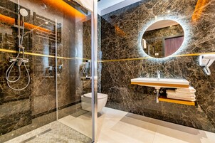 Separate tub and shower, free toiletries, hair dryer, bathrobes