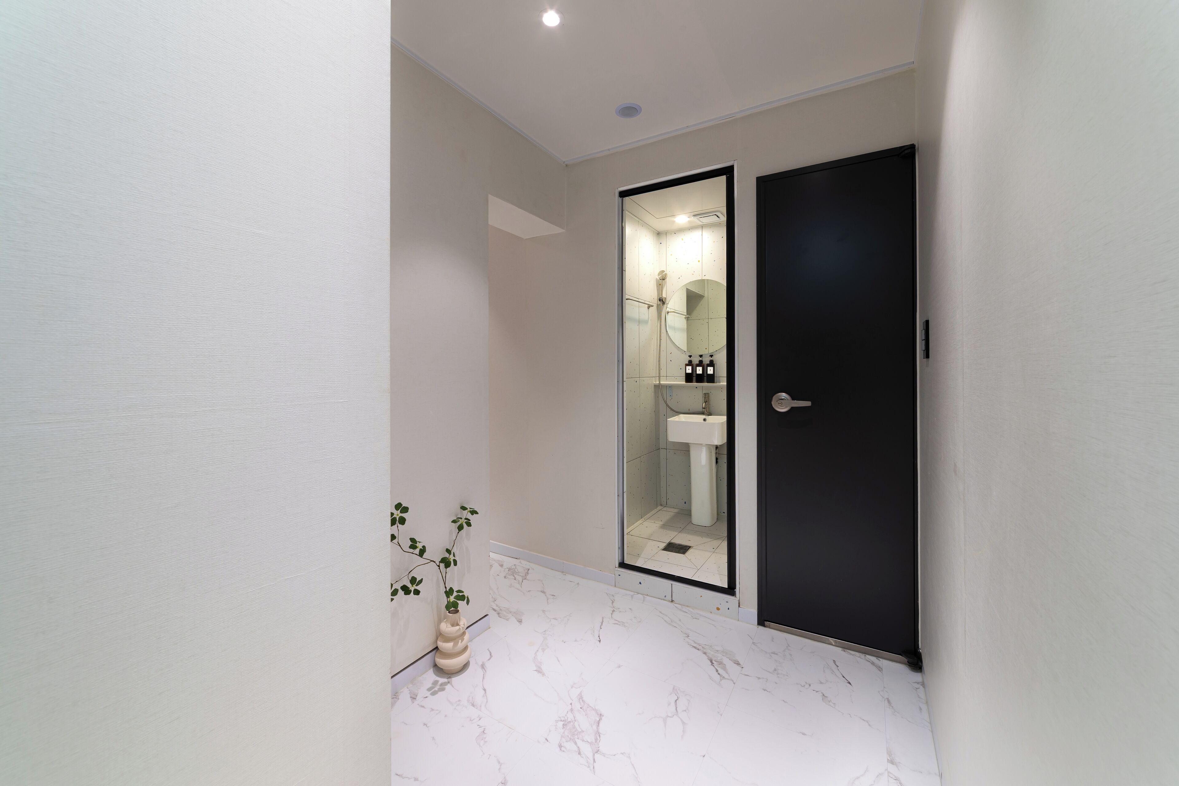 A modern bathroom with a glass shower enclosure, a white sink, and a black door.