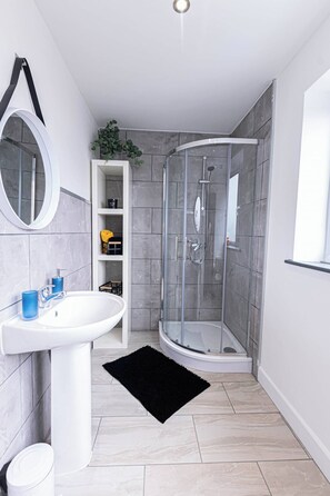 Hair dryer, towels, soap