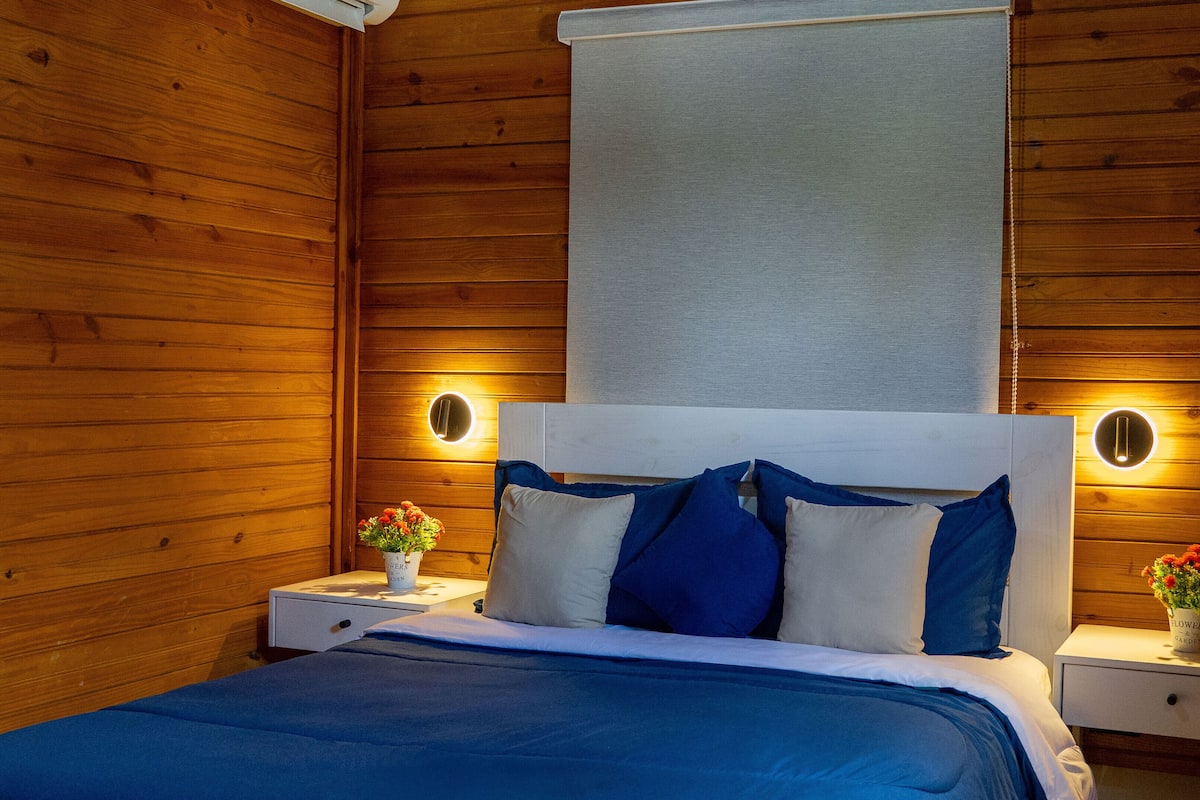 Un dormitorio con una cama, una mesita de noche, un aire acondicionado de pared y dos apliques.