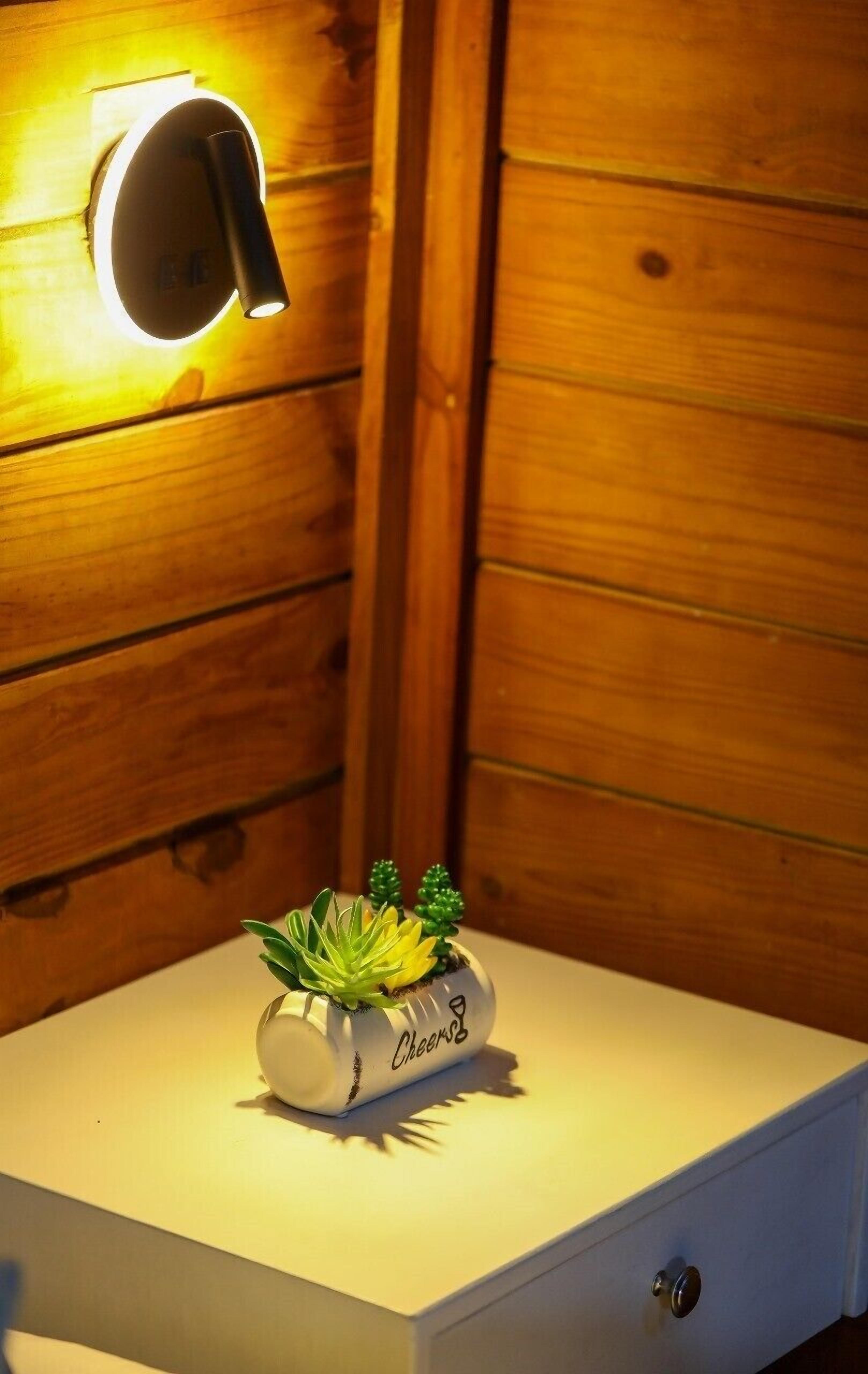 Une petite table blanche, sur laquelle est posée une plante en pot, et un luminaire fixé au mur.
