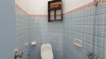 Baño pequeño con inodoro, lavabo y ducha.
