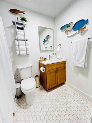 Hair dryer, towels, soap, toilet paper