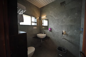 Shower, towels, soap, shampoo