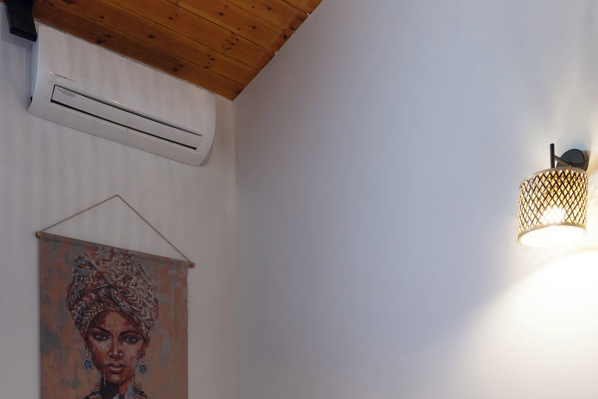 Un dormitorio con una cama, aire acondicionado de pared, un cuadro, una lámpara de noche y una planta pequeña en una mesita de noche.