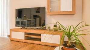 A modern living room with a wooden entertainment unit, a flat-screen TV, and a potted plant. - House MoniK - Apartment 1 (Brindisi)