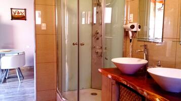 Hair dryer, towels, soap, toilet paper