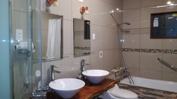 Hair dryer, towels, soap, toilet paper