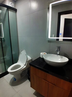 Shower, towels, toilet paper