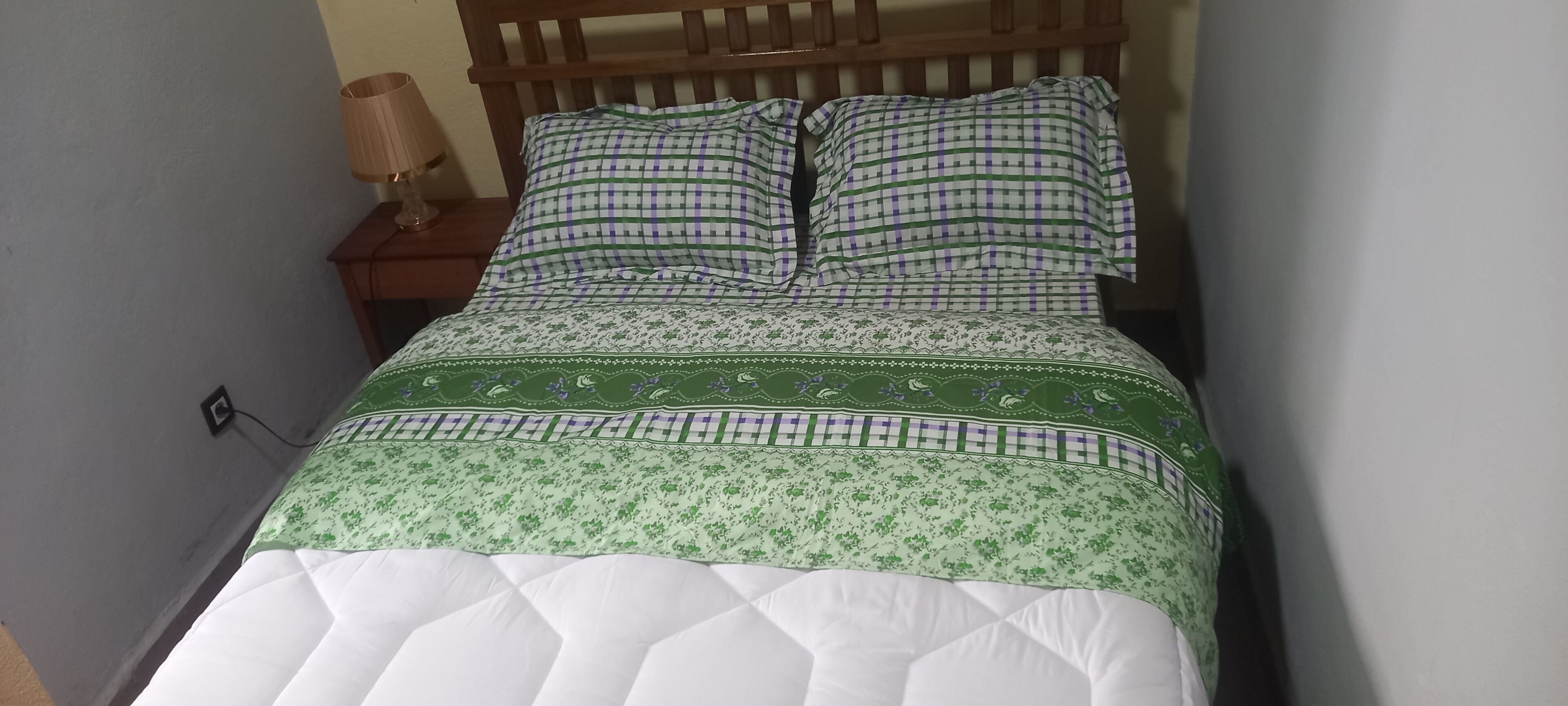 Un lit avec un oreiller à carreaux et une couvre-lit à motifs floraux verts.