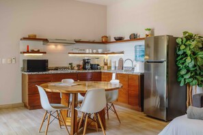 Microwave, stovetop, coffee/tea maker, toaster